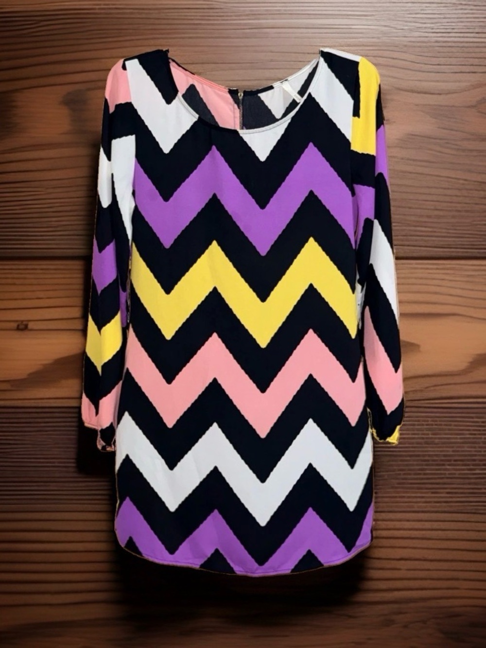Sage Chevron Midi Dress w/Fill Zip Back-Black, Purple Yellow Pink White-M-EC